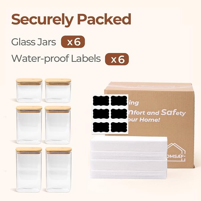 ComSaf Glass Pantry Storage Containers (0.7qt/1.2qt/1.6qt) Set of 6 Jars | Glass Storage Containers with Lids, Rectangle Glass Canisters with Airtight Lids For Kitchen, Spices, Tea, Coffee, BPA Free