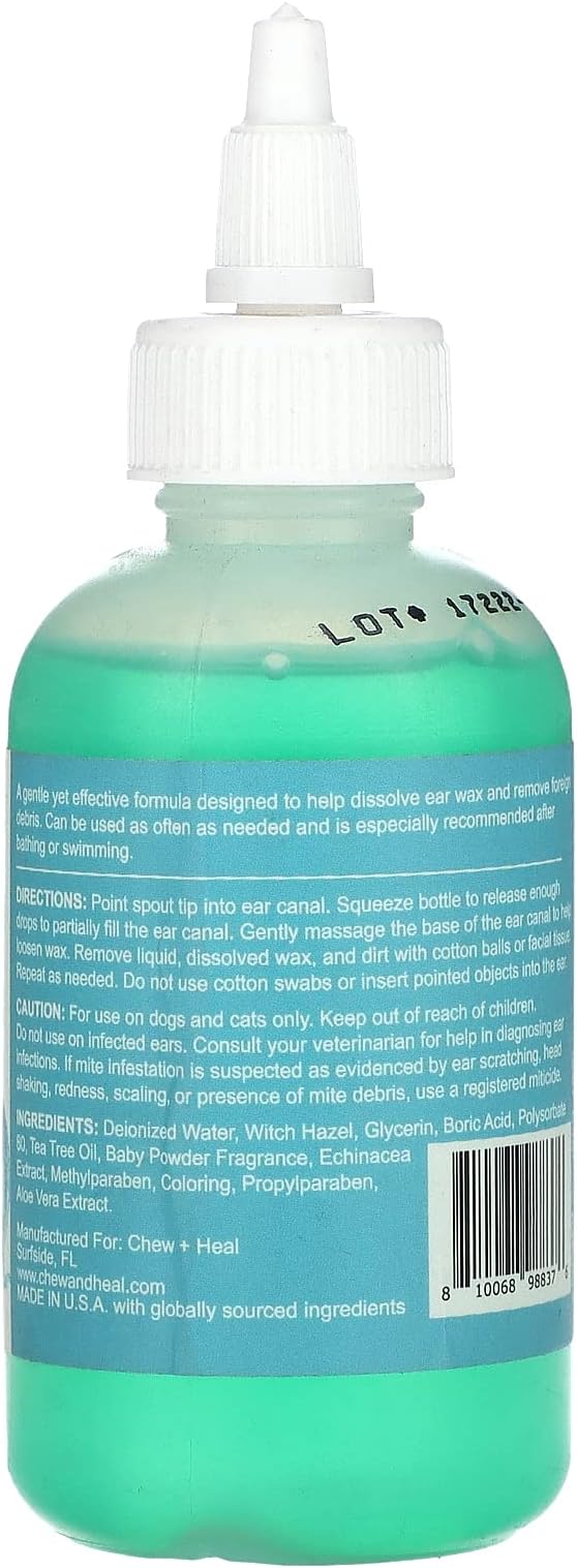 Chew + Heal Dog Ear Cleaner Solution | 4 oz Dropper | Pet Ear Wash for Dogs & Cats to Prevent Infections & Remove Wax | Soothing Aloe, Witch Hazel & Tea Tree Oil | Gentle, Vet-Approved Formula
