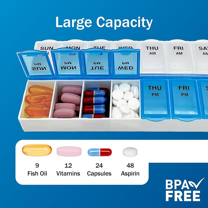 Amazon Basic Care 7-Day AM/PM Pill Organizer, Medication Planner with Large Compartments for Tablets, Blue and Clear Lids