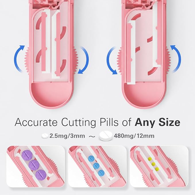 ONE PIX Pill Cutter Splitter for Small and Tiny Pills, Multiple Pill Splitter with Centering Device & Hidden Blade, Adjustable Tablet Cutter for Large Pills, Seniors, Pets, Pink