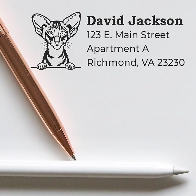 Oriental Shorthair Cat Personalized Return Address Stamp for Thank You Cards, Letters & Invitations | Custom Self-Inking Handcrafted Mailing Stamper with Name & Address | 7/8 X 2-1/4 Rubber Seal
