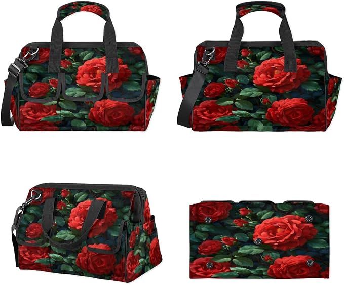 Red Rose Heavy Duty Tool Bag 14.8 Inch Red Floral Flower Portable Soft Tool Box Organizer Storage with Adjustable Shoulder Strap