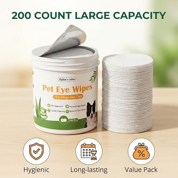 Dylan's cabin Eye Wipes for Dogs - 200 Count Soft Round Cat Eye Cleaning Pads, Alcohol Free pH Balanced Daily Tear Stain Wipes Remove Discharge and Crust
