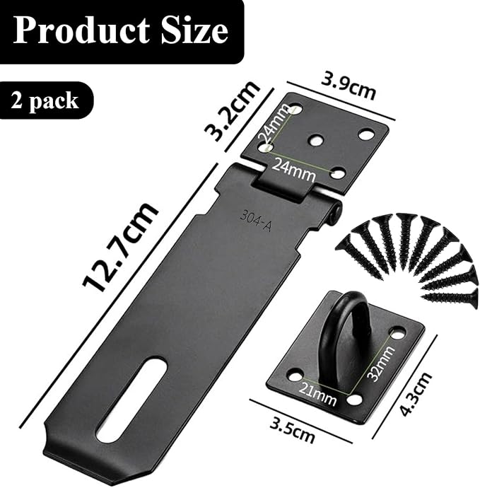 5 Inch Door Padlock Hasp, 2 Pack Stainless Steel Shed Gate Lock Latch, Heavy Duty Security Lock with Screws, for Cabinet, Pet Cage, Crate, Fence, Window, External Doors, Black