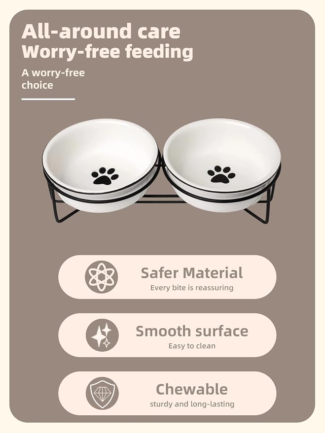 GDCZ Ceramics Raised Cat Bowls with Heighten Metal Stand,15 Ounces White