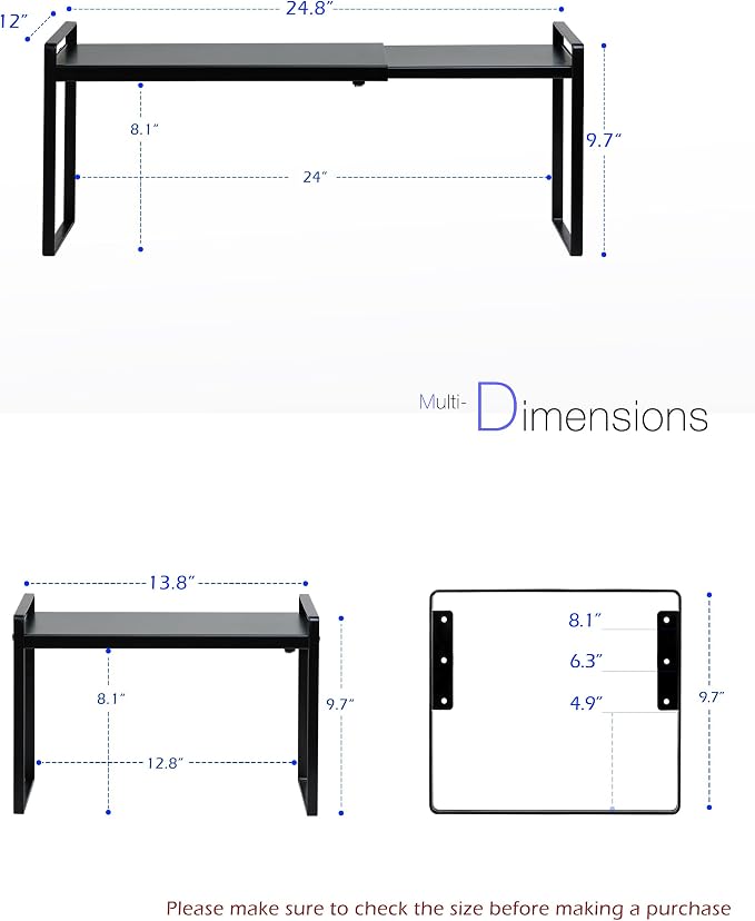 Nxconsu Cabinet Shelf Riser, Adjustable Cabinet Organizer, 12" Deep Black | Heavy-Duty Metal Expandable Shelf Holds 50 lb with 3 Height Levels for Kitchen Cabinet Cupboard Pantry Dish Mug