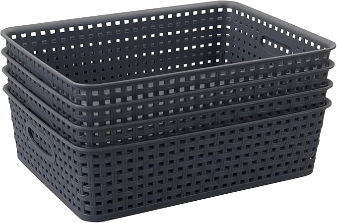 4 Packs Plastic Storage Basket Tray, Shallow Paper Basket, Gray