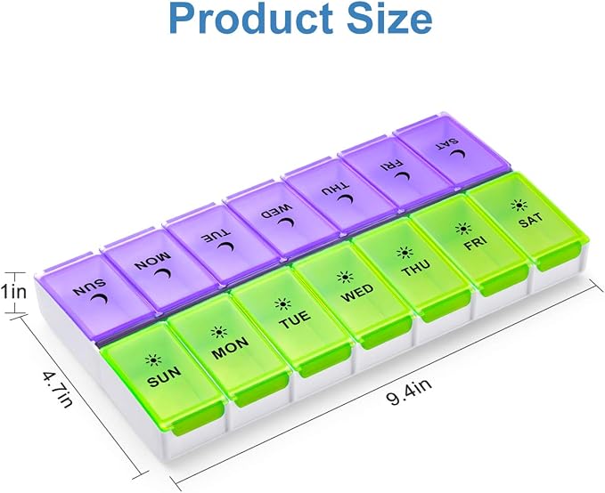 DANYING Extra Large Pill Organizer 2 Times a Day, XL Weekly Pill Box, AM PM Pill Case, Pill Container 7 Day, Vitamin Case Twice a Day, Green & Purple