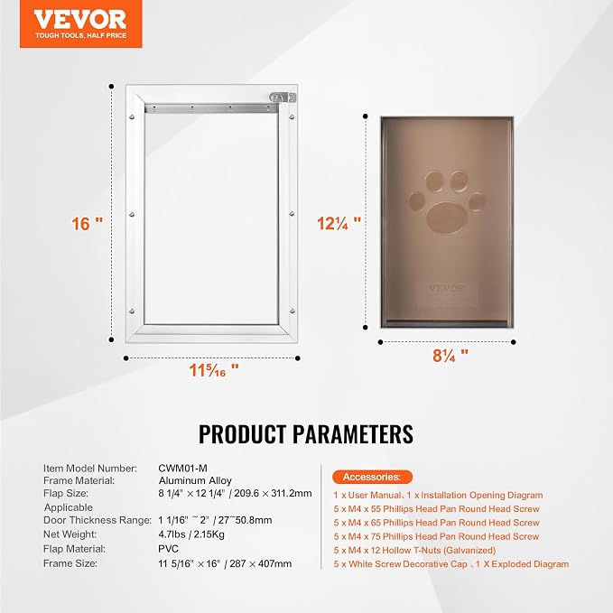 VEVOR Pet Door for Interior and Exterior Doors, Aluminum Frame, Metal Closing Panel and Lock, Strong and Durable Dog Door, Pet Door Suitable for Medium Dogs (White-Medium)