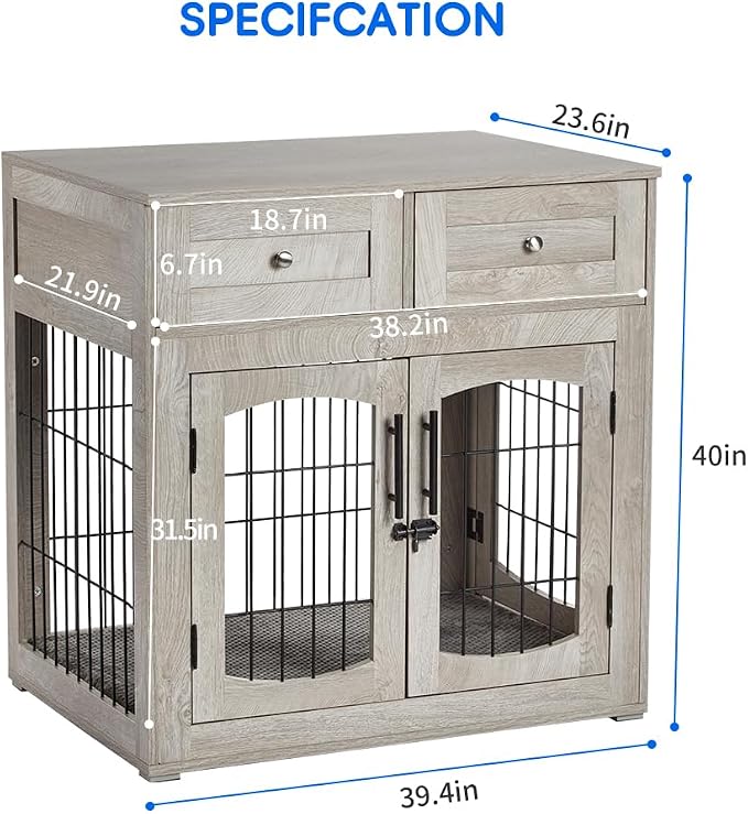 Dog Crate Furniture with Drawers, Wooden Dog Kennel Furniture for Large Breed,End Table Wood House