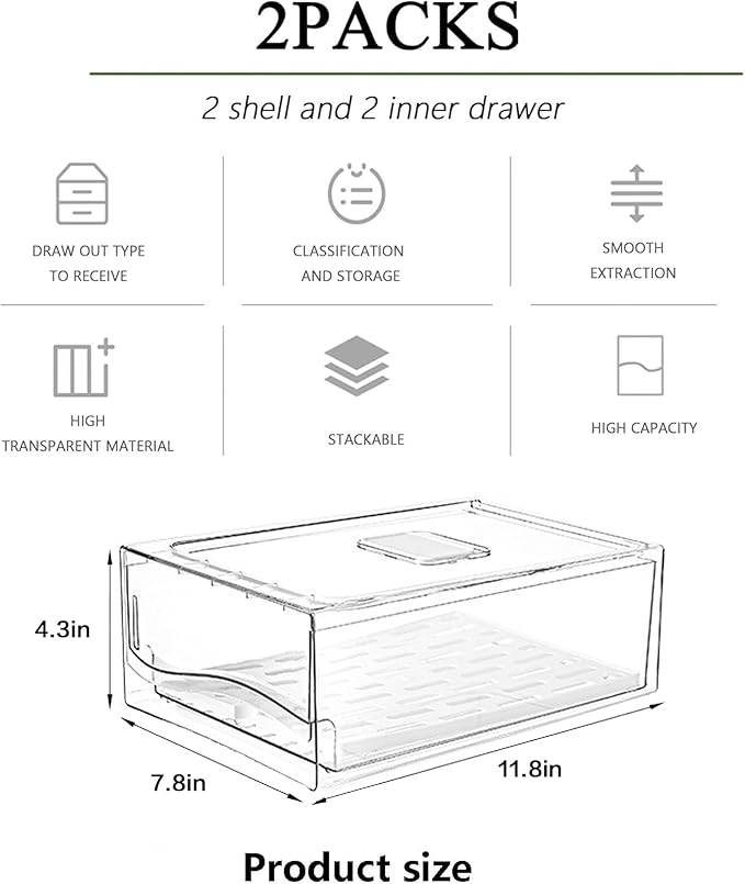 Fridge Organizers and Storage, BPA-Free Large Capacity Stackable Clear Fridge Organizer, With Strainer Layer Keep Fruits, Vegetables and Meat Fresh in refrigerator, freezer, Food Storage ( 2 Drawers)
