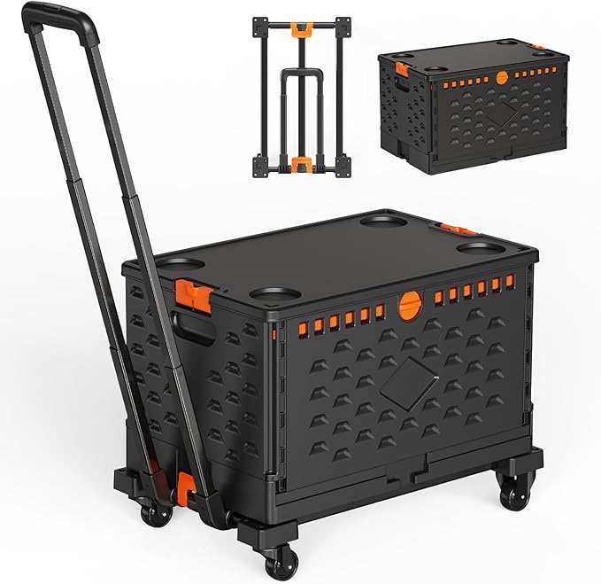 Folding Hand Truck Collapsible Crate Set, No Assembly Required 2 in 1 Utility Portable Rolling Crate Handcart with 4 Big Wheels & 2 Elastic Ropes & Removable Storage Crates (2.76 inches brakes wheels)