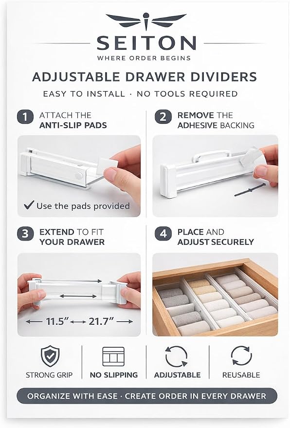 SEITON Adjustable Drawer Dividers (4 Pack) Expandable Drawer Organizer with Anti-Slip Pads 11.5"-21.7"