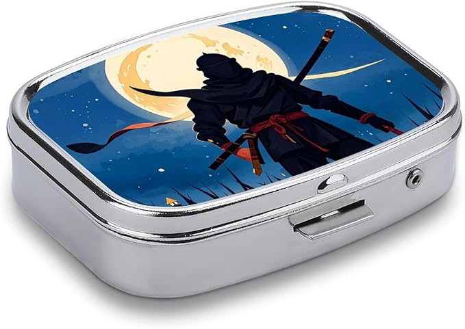 Moonlight Watercolor Style Ninja Pill Box 2 Compartment Medicine Pill Case Portable Pill Organizer for Pocket Or Purse Decorative Metal Medicine Vitamin Organizer