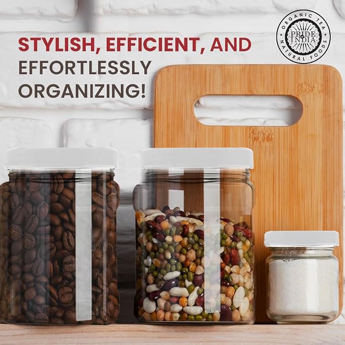 Pride of India Clear Food Grade PET Plastic Jars – 32 Fluid Ounce, 6-Jar Pack | Square-Grip Plastic Containers for Snacks, Pet Food, Kitchen, Pantry & Household Storage (3-4 Cup Storage Capacity)