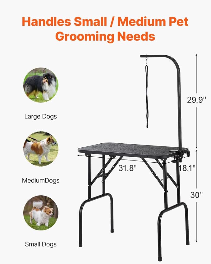 VEVOR Pet Grooming Table, 32 x18 Inch with Height Adjustable Arm, 220LBS Static Weight Capacity, Foldable Dog Groom Station with No-Sit Haunch Holder with Grooming Loop, for Medium and Small Dogs