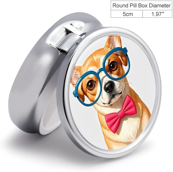 3 Compartment Medicine Pill Case, Pet Dog Soft Bow Tie, Oversized Glasses Round Pill Box, Portable Decorative Medicine Organizer for Pocket Or Purse Vitamin Organize
