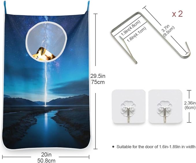 1PC Hanging Laundry Hamper Bag Over the Door Laundry Hamper Wall Hamper Large Dirty Clothes Hamper with Stainless Steel Hooks 29.5x20Inch Lightning Starry Sky River Deep Blue