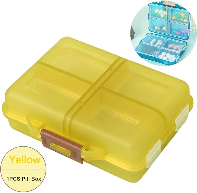 Travel Pill Organizer, Moisture Proof Daily Medicine Dispenser Box | Small Weekly Vitamin Case for Supplement, Fish Oil, Meds, Pocket Pharmacy Cute Capsule Mini Container 8 Compartments, Yellow