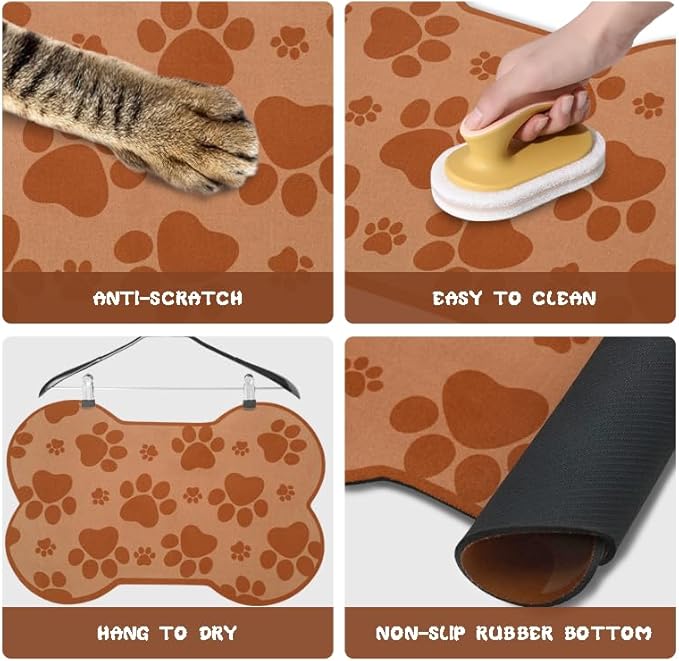 Dog Food Mats for Floors Waterproof, Pet Feeding Absorbent Water Bowl Mat Cat Placemats Brown Bone Shape 23.6 * 15.7 inch