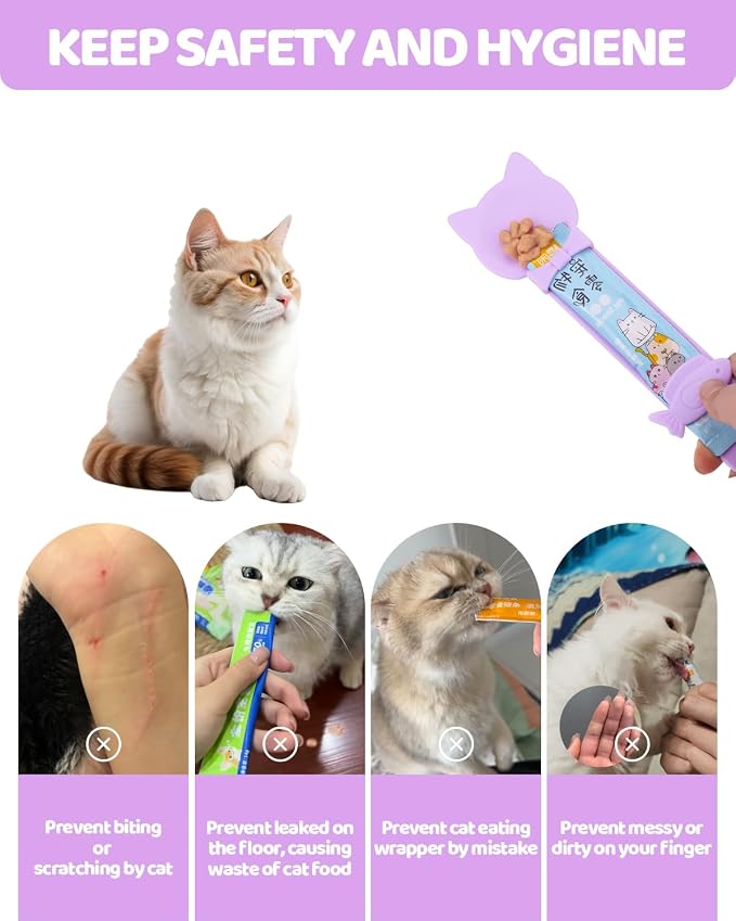 5 PCS Cat Food Can Covers Lids Set, Silicone Pet Food Can Lids with Multi-Function Cat Food Spoon and Opener, Cat Bar Squeezer, Stainless Steel Wet Food Spoon for Cats and Dogs (Purple)
