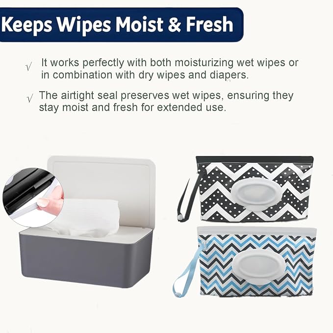 Wipes Dispenser Set,1 Wipe Box & 2 Portable Pouches,Grey-White | Refillable Reusable Large Wet Wipe Holder, Flushable Wipes Case Bathroom Wipes Container for Pet Nursery Kitchen Office