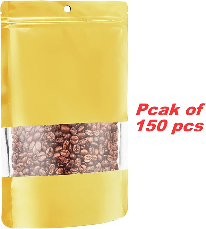 150 Pack Stand up Matte Metallic Storage Bags with Clear Front Window Heat-Sealable Resealable Solid Color Pouches for Food Storage Containers Organizer(Gold,7.9 * 11.8 inch,Pack of 150)