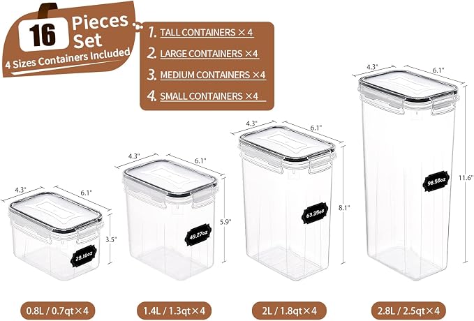 PRAKI Airtight Food Storage Containers Set, 16 Pcs BPA Free Plastic Dry Food Canisters for Kitchen Pantry Organization and Storage Ideal for Cereal, Flour & Sugar - Labels, Marker(Black) | Kitchen Storage Containers for Pantry Organizers and Storage - ...