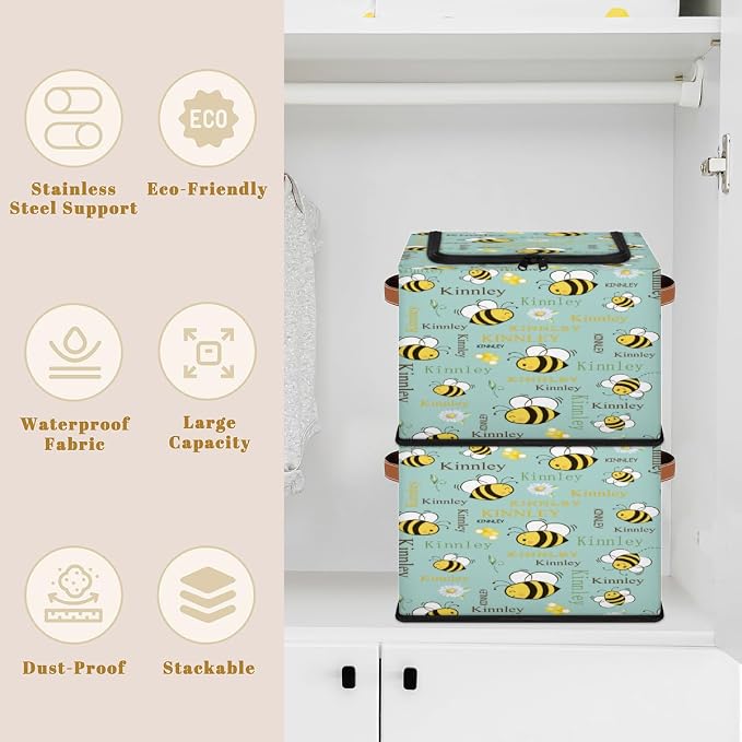 Personalized Name Storage Basket with Zipper Lid, Canvas Storage Bins Toys Clothes Organizer for Bedroom, Kitchen, Bathroom, Shelves, Closets, Cartoon Bee with Daisy Floral Ligth Green