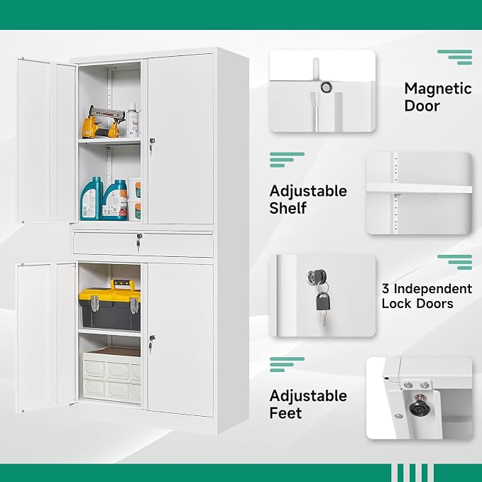 Metal Garage Storage Cabinet with Drawer,4 Door Tool Cabinet with Lock-2 Adjustable Shelves for Garage Home Office Utility Room (White)