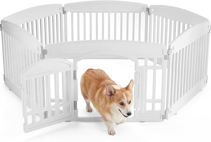 NEWBULIG Dog Playpen 6-Panel, 24IN Puppy Playpen, Stable Dog Play Pen Indoors/Outdoor with Secure Locking Door, Plastic Pet Fence for Small & Medium Dogs | Portable, Secure Locking Door, Indoor Outdoor Yard RV Camping, Small Medium Dogs, White