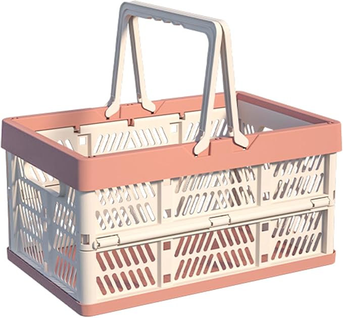 Collapsible Plastic Storage Crate - 20L Folding Organizer Basket Portable Stacking Storage Crate Bin with Handle, for Camping, Picnic, Car Trunk, Home Storage (Pink, M)