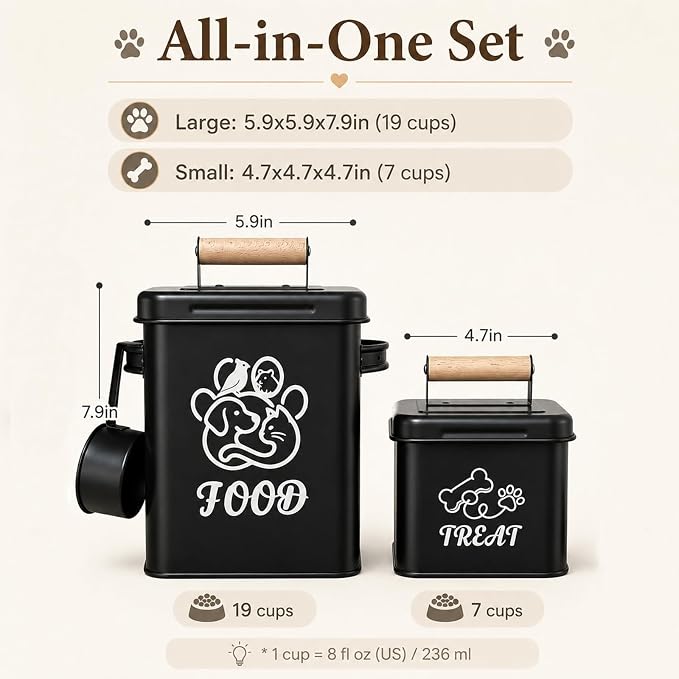 Airtight Dog Treat Container Set of 2 | Iron jars, 26 cup capacity, food-grade coated, includes 1 scoops, keeps treats fresh, fits kibble & biscuits,black