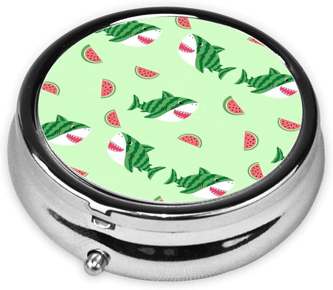 Round Pill Case, Funny Watermelon Shark Mint Green Portable Mini Holder, Travel Organizer with Mirror, Pocket Purse Box for Daily Meds