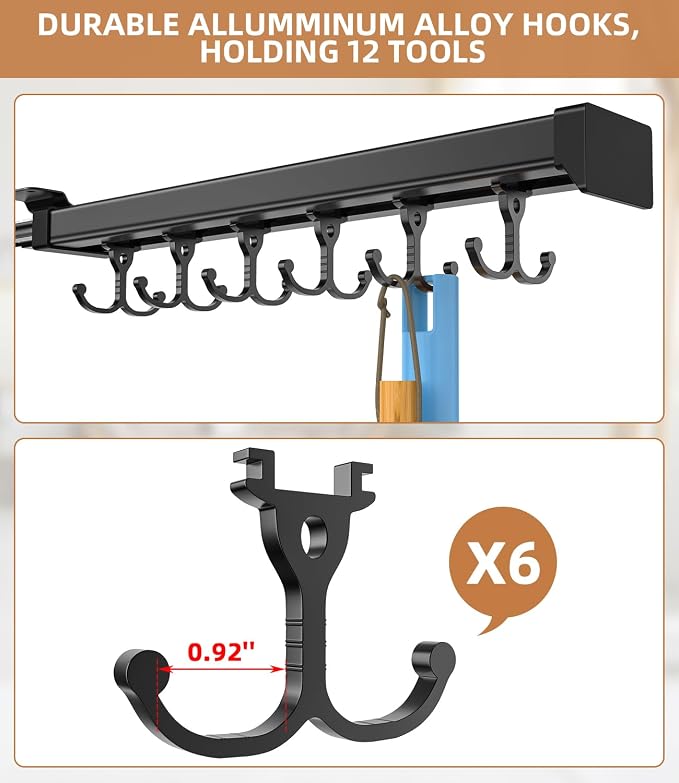 Pull Out Broom Holder With Adjustable Double Row Sliding Hook-Black 14.17in | High Load Capacity, Multifunctional Slide Broom And Mop Storage/Garage Organization Hooks, for Closet Laundry, kitchens