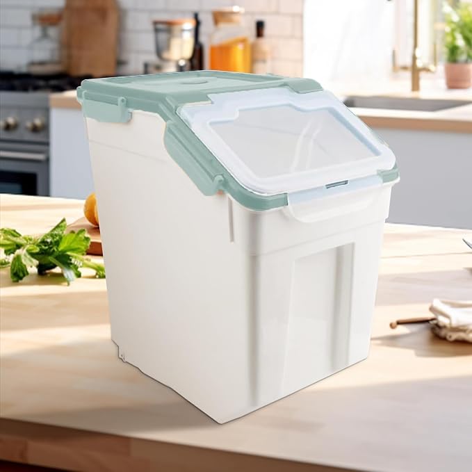 Rice Storage Container 2 Pack 50 lb Flour Storage Container with Wheels, BPA Free Food Storage Container with Measuring Cup Dog Cat Food Bin Set for Dry Food Sugar, Cereal-Green