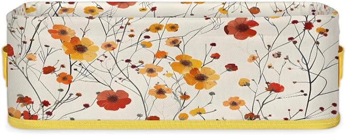 Red Yellow Flowers Bathroom Storage Basket, Foldable with Handle Open Countertop Paper Towel Decorative Box, Toilet Tank Top Shelf Baskets for Home Closet Bedroom Living Room Office