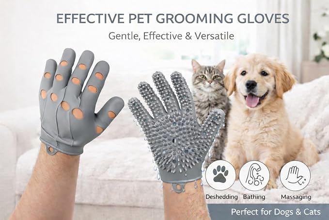 Dog Bathing & Grooming Gloves with Water-Drain Design – Silicone Pet Grooming Brush for Dogs & Cats, Massage Bristles, Reduces Water Buildup, Easy Rinse, Shedding Control (Grey)