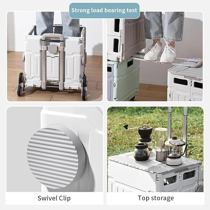 Collapsible Shopping Box Trolley on Wheels with Lid,75L Large Capacity Folding Portable Rolling Crate Handcart with Telescopic Handle for Camping (Grey,Straight Pull Style)