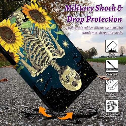 Rotating Handle Case for Samsung Galaxy Tab A11 2026/A9 2024 8.7 Inch, 360 Degree Swivel Kickstand with Magnetic Closure Leather Protective Cover for Women Men, Dark Skull Sunflower