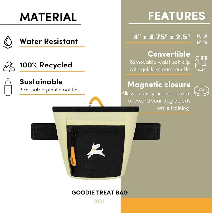 OllyDog, Goodie Treat Bag, Dog Treat Training Pouch | Magnetic Closure | 3 Ways to Wear | Hands-Free Waist Belt | Water-Resistant Recycled Vegan Fabric (Sol)