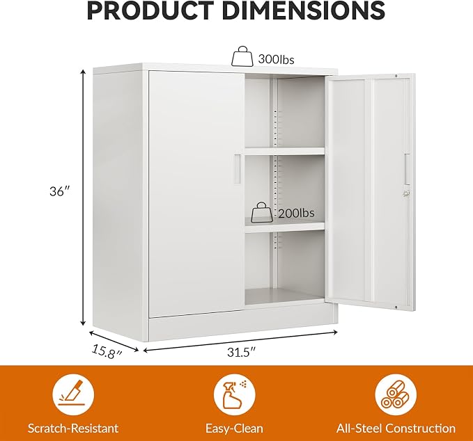 BESFUR Metal Garage Storage Cabinet with 2 Locking Doors and 2 Adjustable Shelves, 36" White Metal Short Storage Cabinet for Home Office, Garage,School,Utility Room