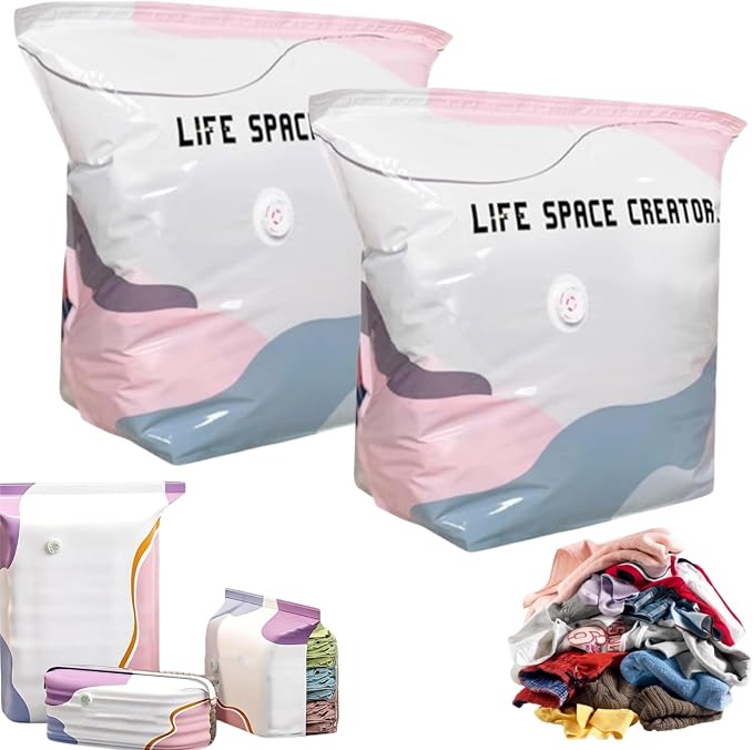 No-Pump Vacuum Storage Bags,Large Cube Vacuum Seal Bags,Press & Seal Reusable Space Saver Bags,Air Tight Compression Storage Bags for Clothes, Comforters,Blankets, Bedding,Travel (M-2PCs)