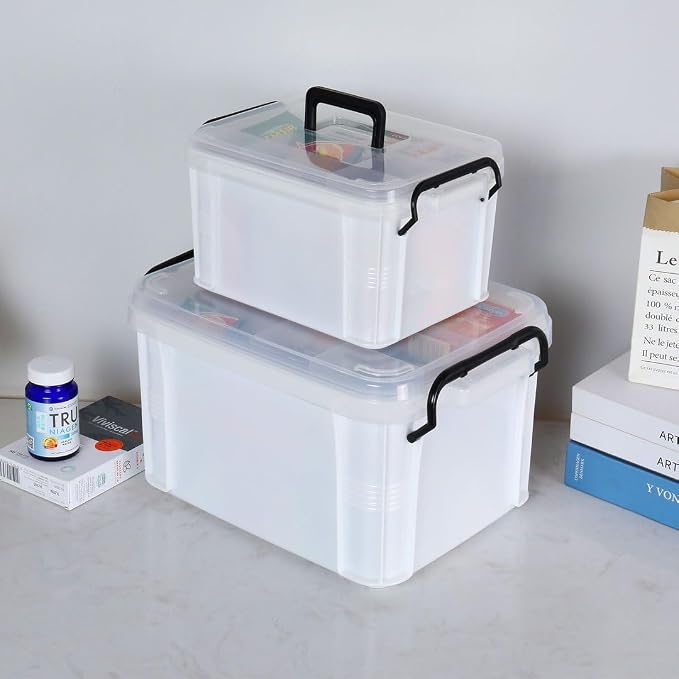 HEY FOLY Set of 2 White Medicine Organizer Storage Box with Tray, 15qt+5qt Plastic First Aid Box Empty, Thickened Medicine Container Chest, Multipurpose Medical Case with Labels, White Medicine Caddy