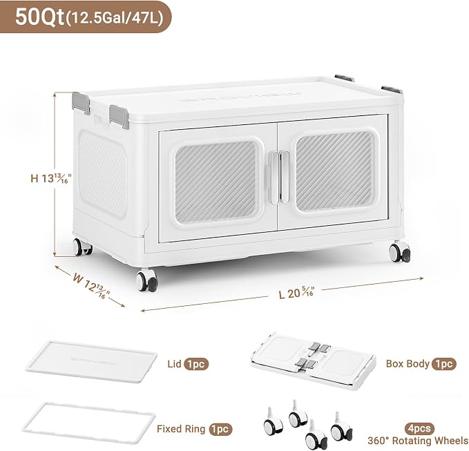 BROVIEW 50 Qt Extra Large Stackable Storage Bin with Lids, 1 Pack White | 12.5Gal Extra Large, Collapsible Storage Boxes with 1 Lids, Folding& Rolling Plastic Drawer, Heavy-Duty Cabinet Organization