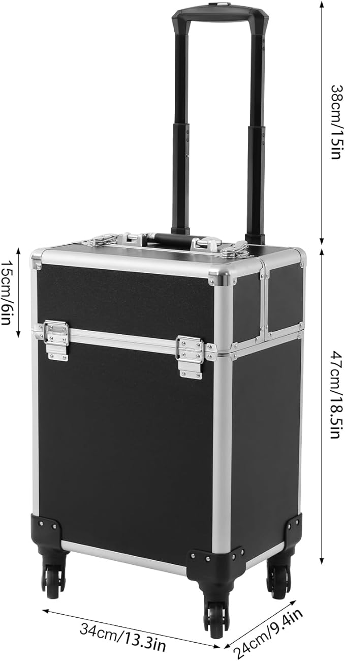Rolling Makeup Train Case, Aluminum Cosmetic Case Rolling Makeup Trolley Case with Key, Large Storage Cosmetic Trolley 4 Tray with Sliding Rail, Salon Barber Case Traveling Cart Trunk