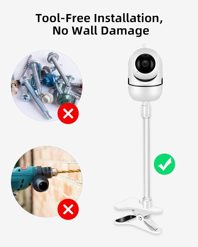 Universal Baby Monitor Camera Clip Mount with Flexible Gooseneck, White | Fits for Most Cameras for Home Security/Indoor Camera, No Drill Required, 7.1 Inch Gooseneck, Includes Nano Tape