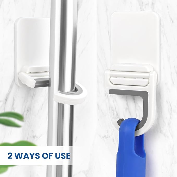 4 Pcs White Broom and Mop Holder Wall Mount Self-Adhesive Anti-Slip Gripper Cleaning Organizer Mop Handle Hanger Multi-Purpose Hook for Household, Home, Kitchen,Bathroom, Garden, Garage Storage