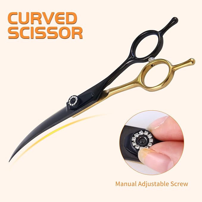 7 Inch Professional Dog Grooming Scissors Kit, 6 in 1 Grooming Scissors for Dogs, Pet Grooming Shears Set, Straight Scissor & Thinning Shear & Curved Scissor & Chunker Shear (Black Gold)