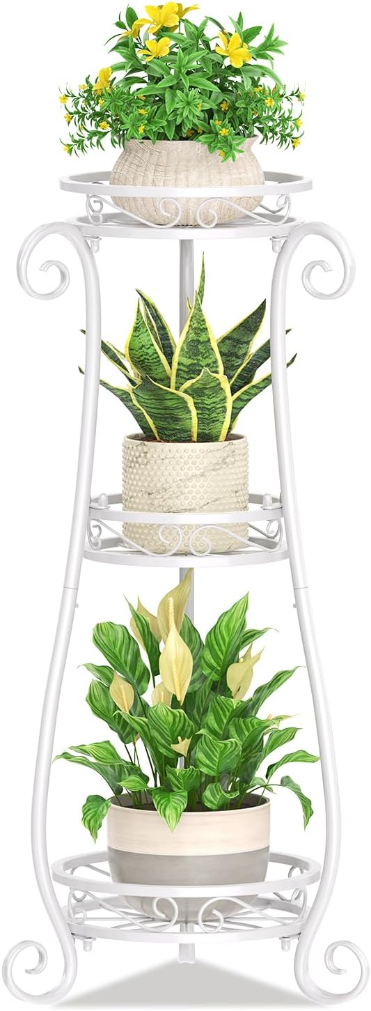 KMOTASUO 3 Tier Metal Plant Stand Tall for Indoor Outdoor Corner, White | Heavy Duty Flower Holder Rack, Modern Vertical Iron Shelf for Patio Bathroom Office Garden